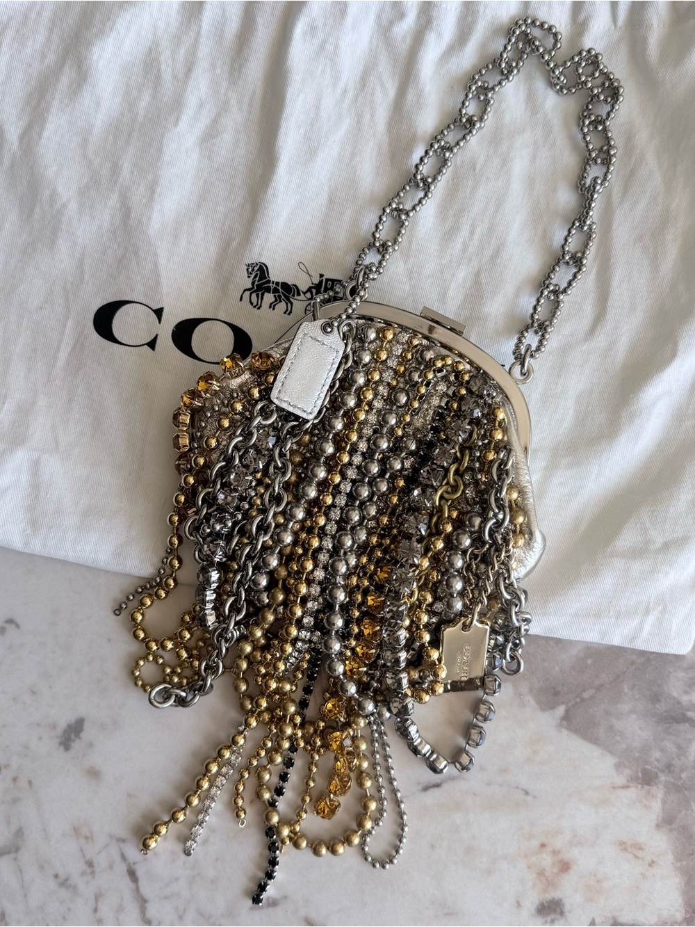 Rare Limited Edition Coach Poppy Metallic Fringe Chain Purse- Gold & Silver - Picture 2 of 6